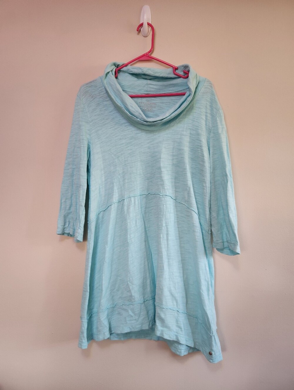 Neon Buddha Cowl Neck Asymmetrical Hem 3/4 Sleeve Teal Tunic Blouse  Large